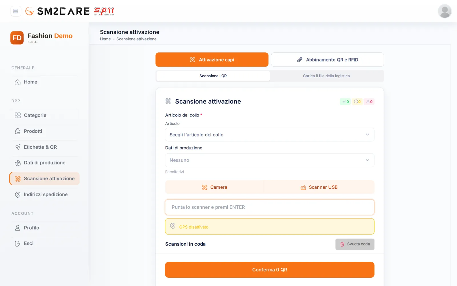 Pagina di scansione per l’attivazione dei capi con scelta dell’articolo e lettura dei QR